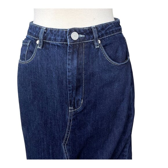 BLANKNYC Dark Wash Contrast Stitch Denim Maxi Skirt With Front Slit Size 28 - Picture 2 of 8
